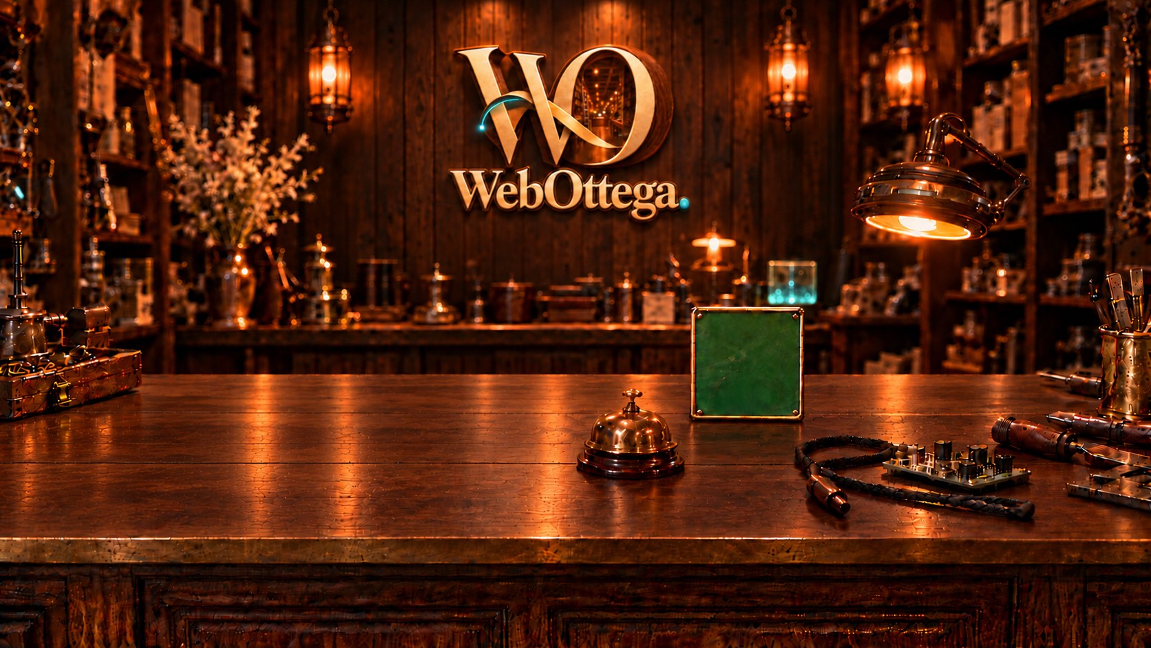 Il bancone della bottega con il logo WebOttega sulla parete di legno, una targhetta verde e un campanello d'ottone